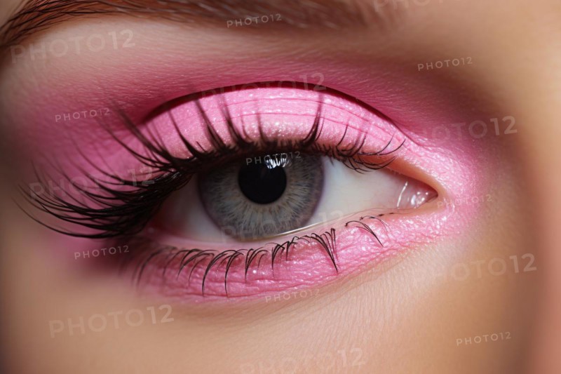 Woman's eye with pink eyeshadow makeup and long dark eyelashes. KI generiert, generiert, AI generated