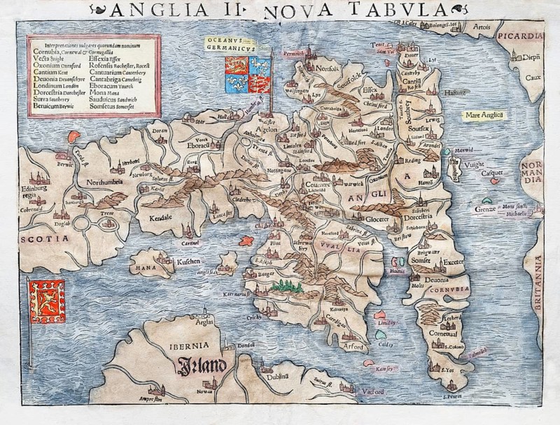 England and Scotland, hand-coloured woodcut map from Sebastian Muenster Cosmographey oder Beschreibung aller Laender, Basel 1542