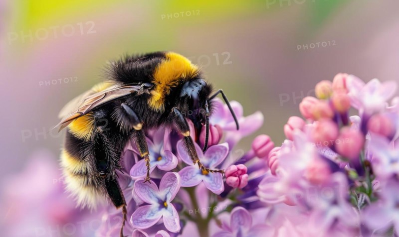 Close-up of a bumblebee pollinating lilac flowers AI generated