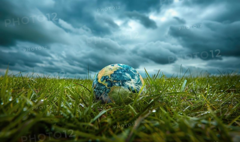 An Earth globe on a grassy meadow with a dramatic cloudy sky as the backdrop AI generate, AI generated