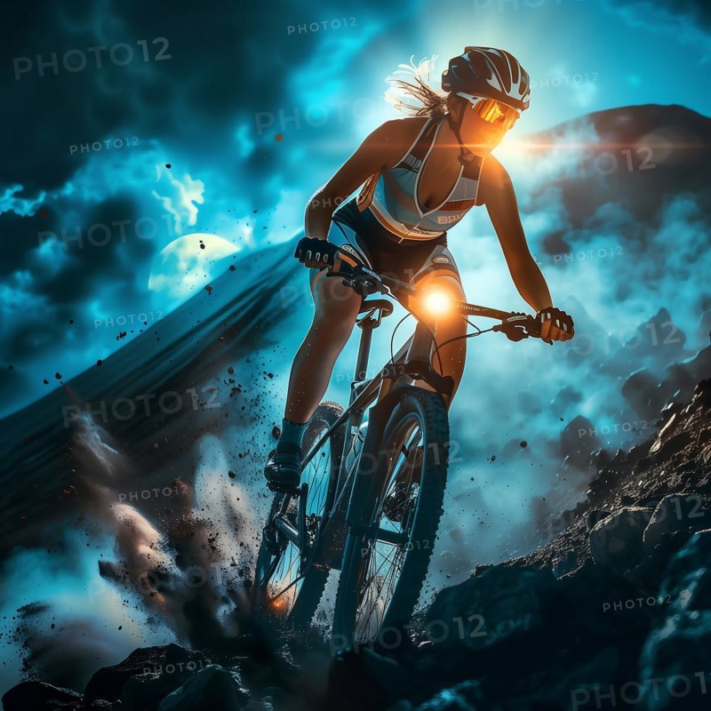 A cyclist rides past an active volcano on a mountain bike, AI generated