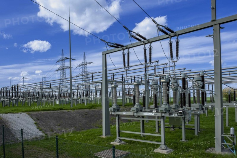 Power pylons with high-voltage lines and insulators at the Avacon substation in Helmstedt, Helmstedt, Lower Saxony, Germany, Europe