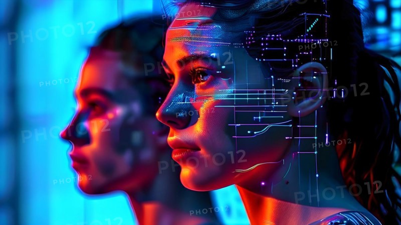 AI generated human portrait transitioning from lifelike human to a pixelated digital effect