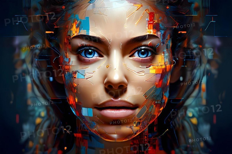 AI generated human portrait transitioning from lifelike human to a pixelated digital effect