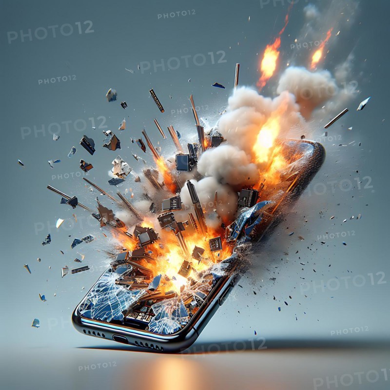 A smartphone shatters in a spectacular explosion, surrounded by fire and smoke, mobile phone smartphone battery explosion, AI generated