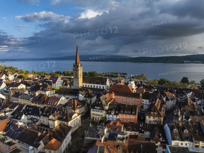 Aerial view of the town of Radolfzell on Lake Constance with the Radolfzell Minster in front of sunset, district of Constance, Baden-Wuerttemberg, Germany, Europe