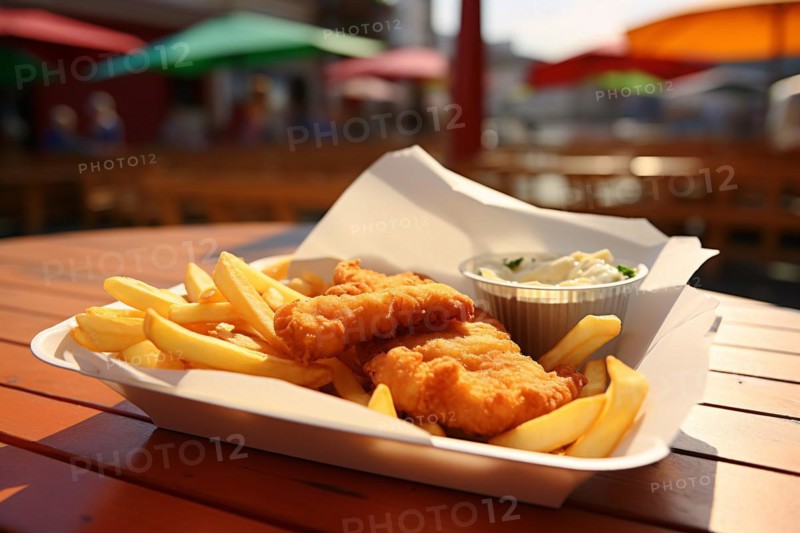 Traditional fish and chips meal in takeout box with sea in background. KI generiert, generiert, AI generated