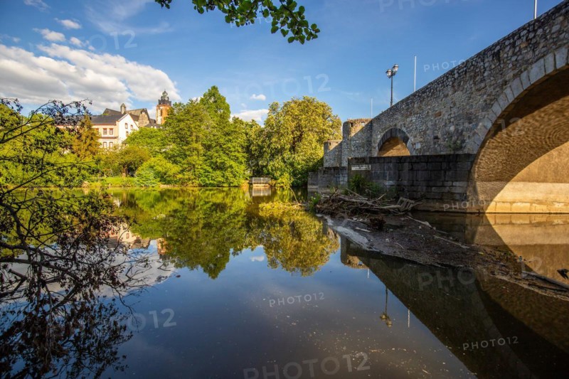 View of an old town, half-timbered houses in a town. Streets and bridges at the river Lahn in the morning in Wetzlar, Hesse Germany