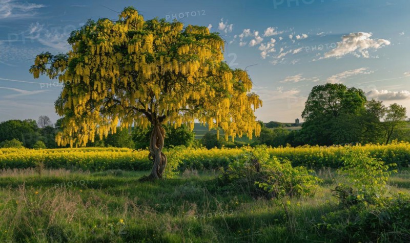 Laburnum tree in a countryside landscape AI generated