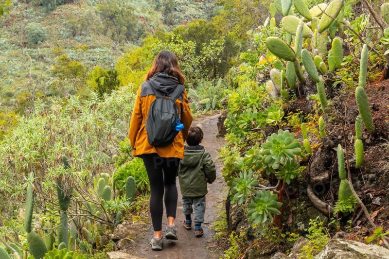 A mother with her son in the Laurisilva forest of Los tilos de Moya, Gran Canaria