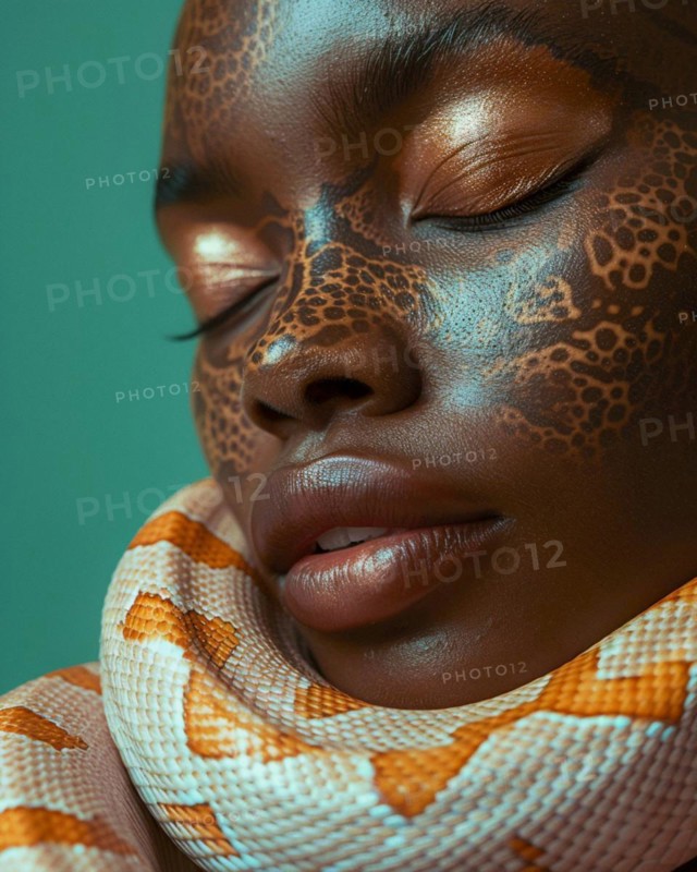A peaceful image of a woman with closed eyes, golden makeup, and a snake, blurry teal turquoise solid background, beauty product studio light, fashion artsy make up, high concept potraiture, AI generated