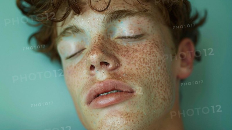 Serene portrait of a redhead with freckles and closed eyes, conveying calmness, blurry teal turquoise solid background, beauty product studio lightning, fashion artsy make up, high concept potraiture, AI generated