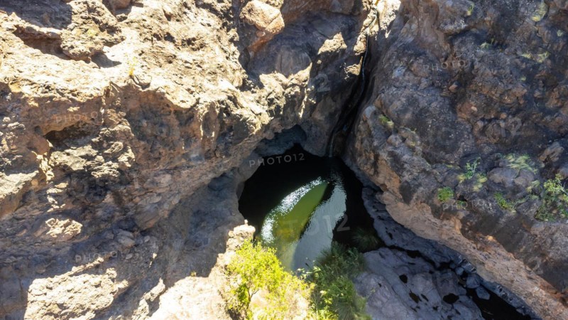 Aerial view of Charco Azul in the Podemos to Agaete in Gran Canaria, Canary Islands