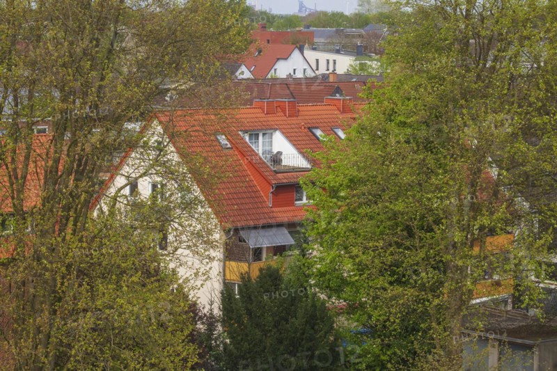 Bird's eye view of modern residential buildings in spring, Delmenhorst, Lower Saxony, Germany, Europe