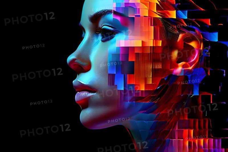 AI generated human portrait transitioning from lifelike human to a pixelated digital effect