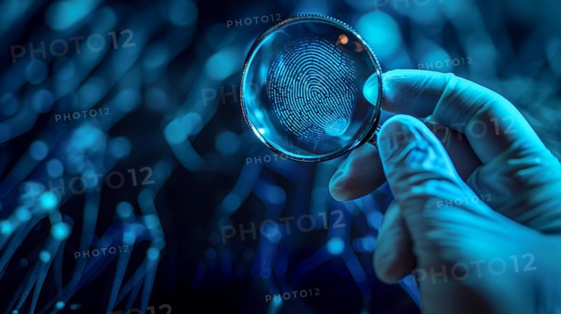 Crime scene with investigator wearing surgical glove viewing A fingerprint through the glass of a magnifying glass. generative AI, AI generated