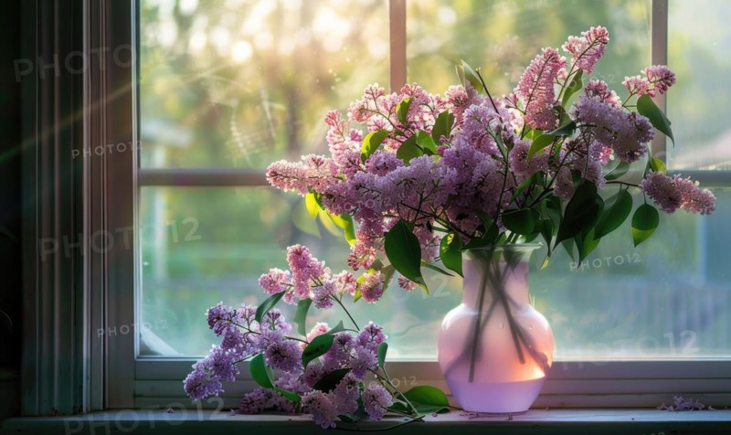 A vase of lilacs on a windowsill, fresh AI generated