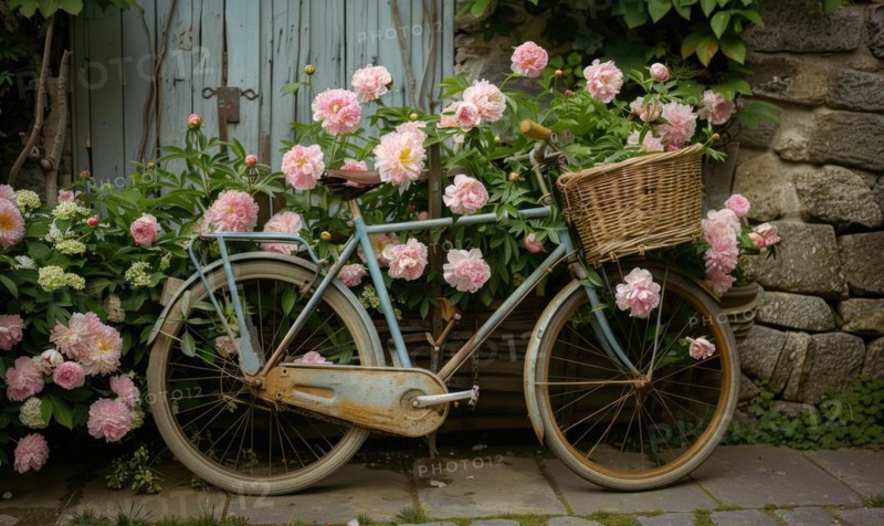 A vintage bicycle adorned with peony flowers in a basket AI generated