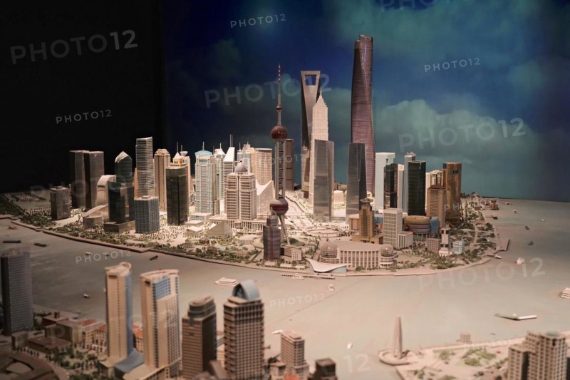 A detailed model of a city with miniature buildings and distinctive structures, Shanghai, China, Asia