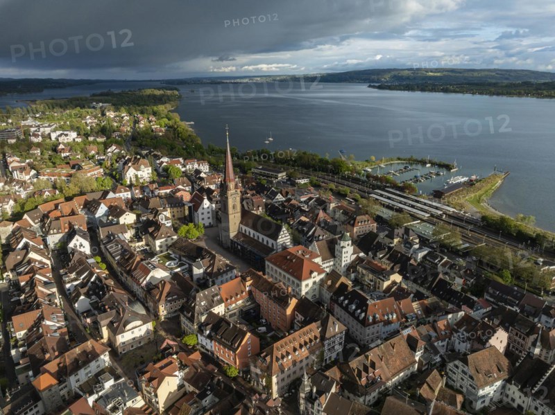 Aerial view of the town of Radolfzell on Lake Constance with the Radolfzell Minster in front of sunset, district of Constance, Baden-Wuerttemberg, Germany, Europe