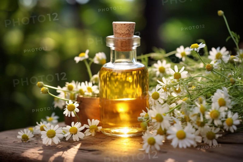 Bottle with essential oil surrounded by chamomile flowers. KI generiert, generiert, AI generated