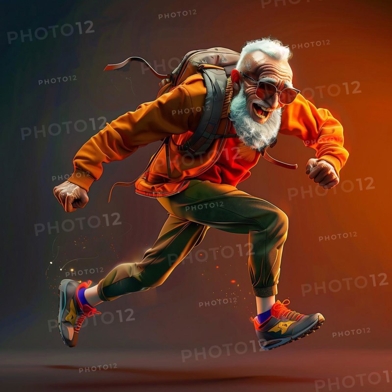 An enthusiastic senior in sportswear runs in front of a dark background, start running, advert, special offer, AI generated