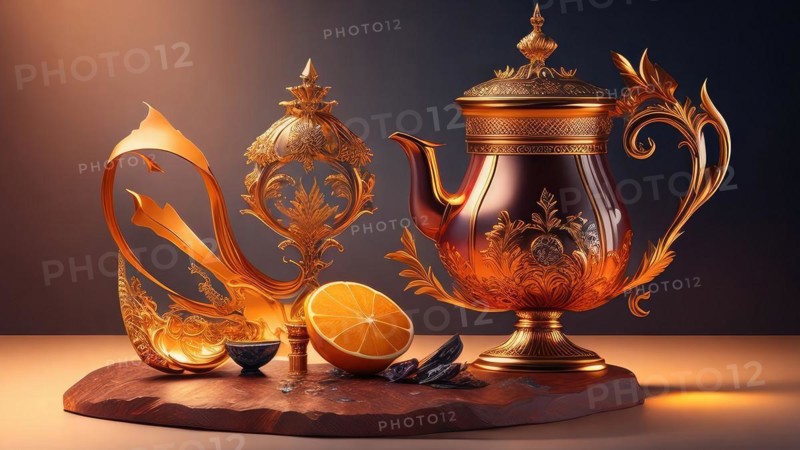 3d illustration of a golden teapot with lemon and mint, AI generated