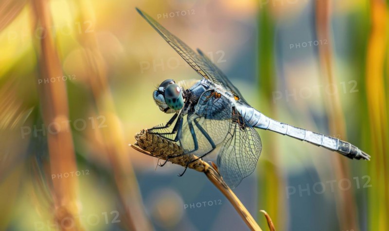 Close-up of a dragonfly perched on a reed AI generated