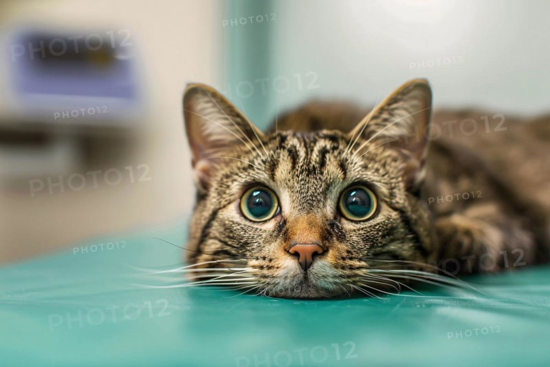 Scared cat on examination table in vet clinic. KI generiert, generiert, AI generated