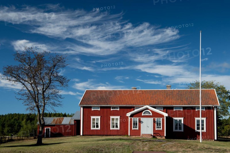 Falun red or Swedish red painted houses, farm, Geta, Aland, or Aland Islands, Gulf of Bothnia, Baltic Sea, Finland, Europe