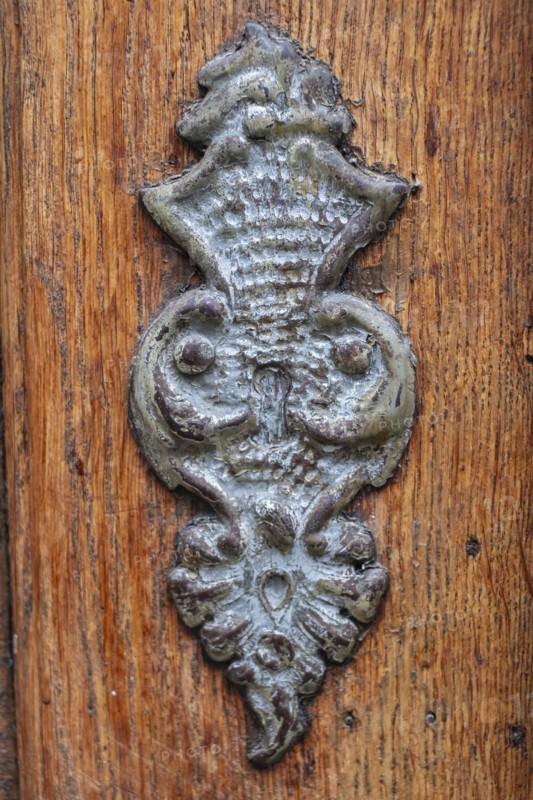 Application on wood, antiqued door fitting on a historic front door, Old Town Lindau (Lake Constance), Bavaria, Germany, Europe