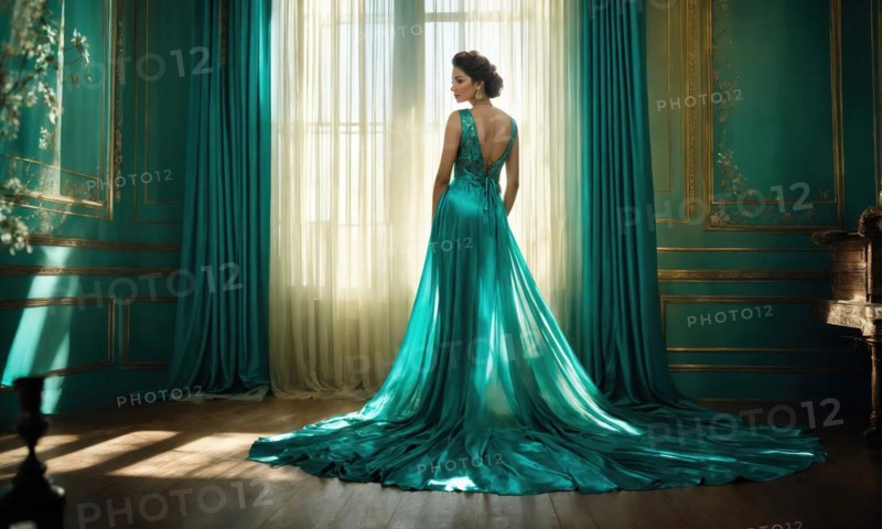 Beautiful girl in a blue evening turquoise dress posing. ai generative, AI generated