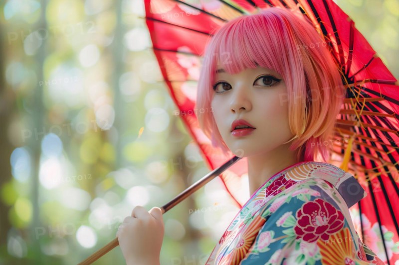 Beautiful young woman with pink hair and kimono with umbrella. KI generiert, generiert, AI generated