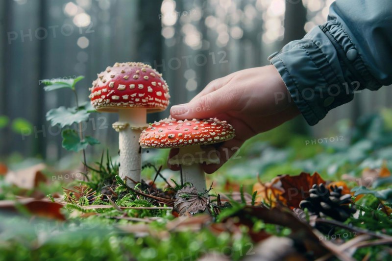 Person's hands picking up red toxic fly agaric Amanita Muscaria mushroom in forest. KI generiert, generiert, AI generated