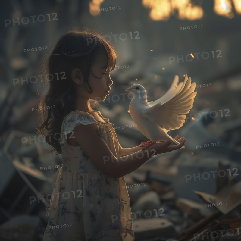 A girl stretches out her hands while a pigeon lands on them, surrounded by ruins, destroyed houses, war, dove of peace, AI generated