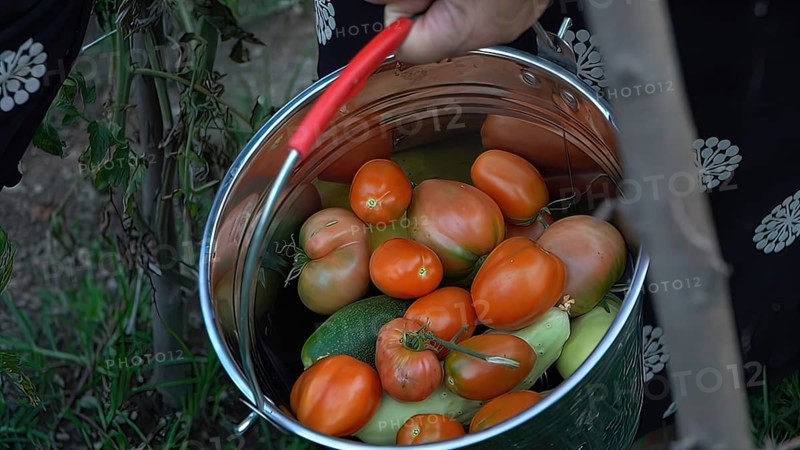 Tomatoes and zucchini in a bucket. Selective focus