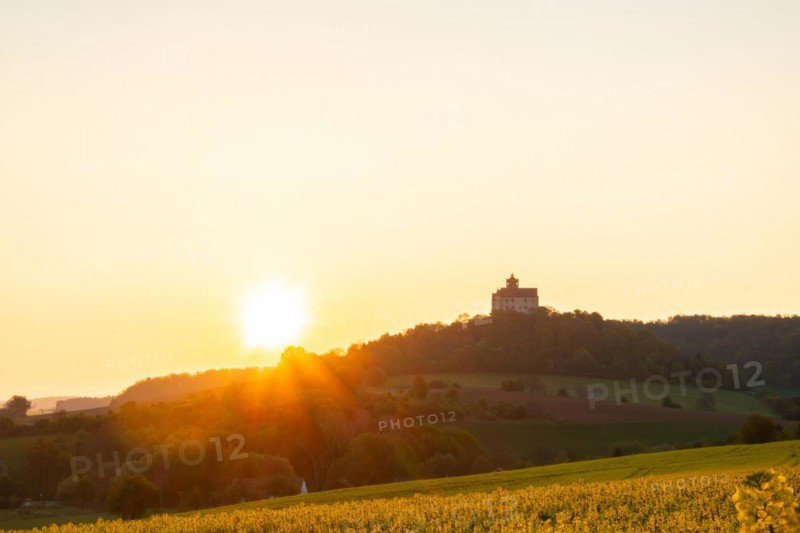Landscape at sunrise. Beautiful morning landscape with fresh yellow rape fields in spring. Small castle in the yellow fields on a hill. Historic Ronneburg Castle in the middle of nature, Ronneburg, Hesse, Germany, Europe