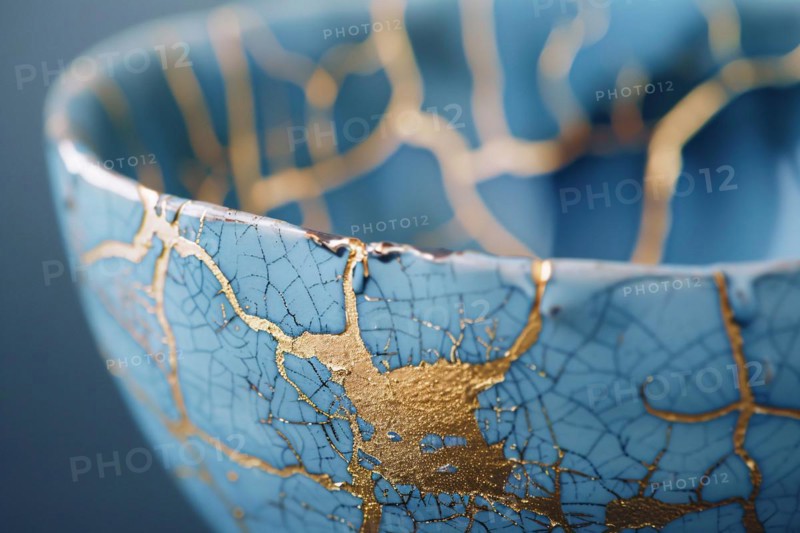 Japanese Kintsugi bowl with ceramic repair technique that uses lacquer mixed with powdered gold. KI generiert, generiert, AI generated