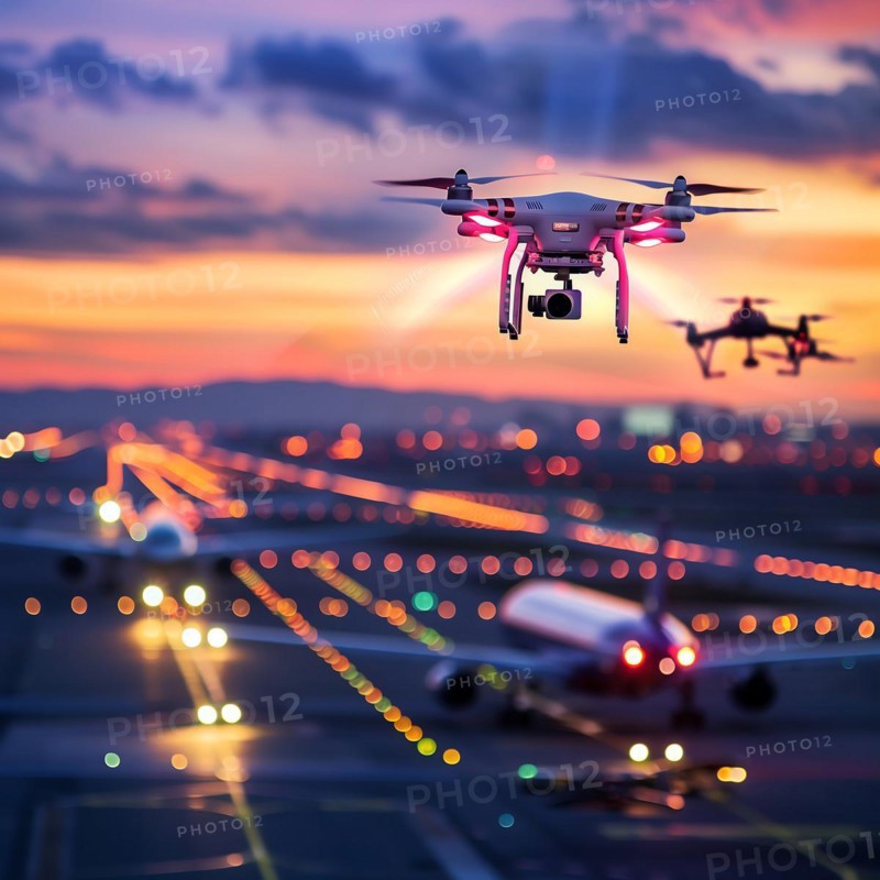Drone in flight in front of a landing aircraft and an illuminated runway at night, drone, attack, AI generated