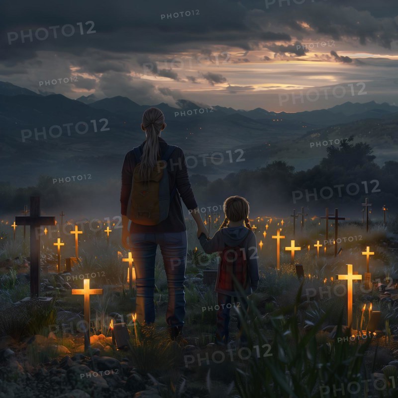 An adult figure and a child walking hand in hand in a cemetery at sunset, war, war graves, military cemetery, AI generated
