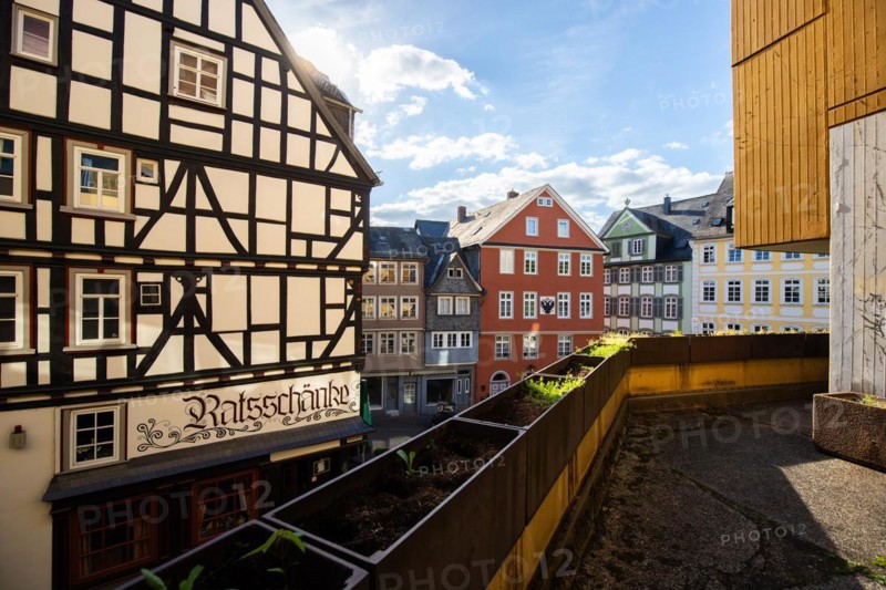 Old half-timbered houses in a town. Streets and buildings in the morning in Wetzlar, Hesse Germany