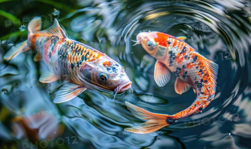 Close-up of a pair of koi fish swimming in a pond AI generated