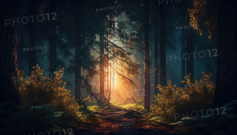 Golden hour sunrise in the enchanting misty forest with tranquil sunrays and magical woodland scenery, AI generated