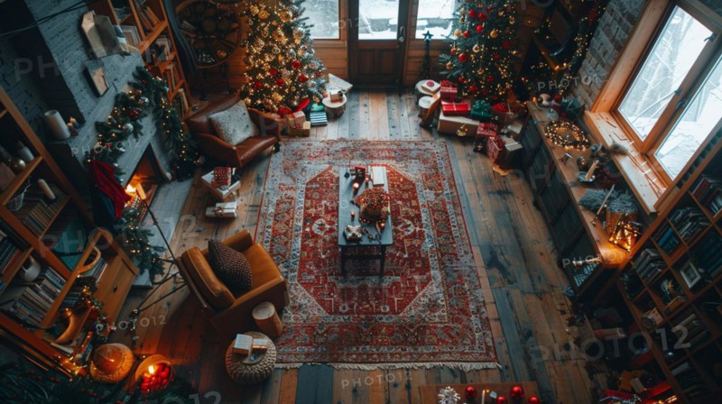 Cozy Christmas setting with a decorated tree and presents in a rustic wooden room, AI generated
