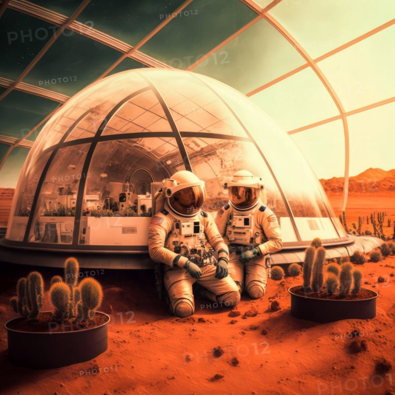 Hydroponic greenhouses installed on mars. Future vision of human colonization on other planets. Generative AI image, AI generated