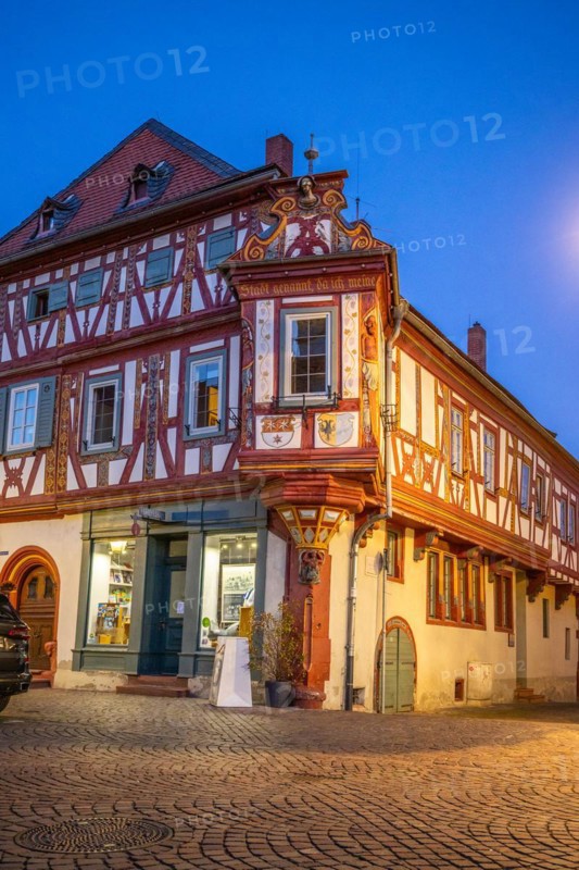 View of an old town, half-timbered houses and streets in a town. Seligenstadt am Main, Hesse Germany