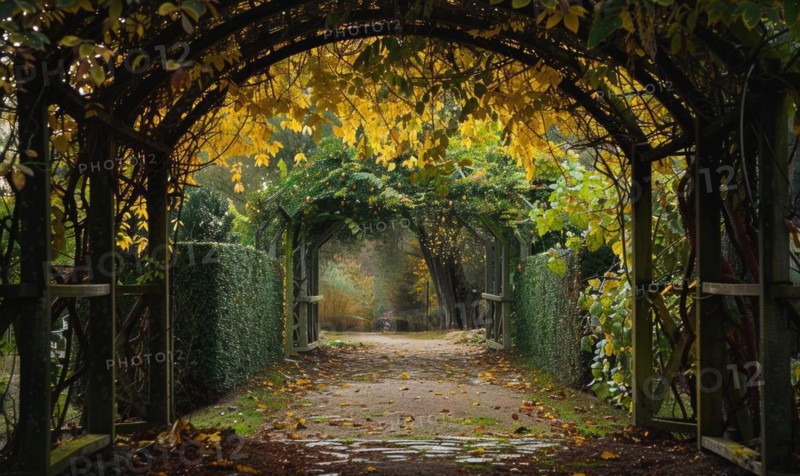 Laburnum tree branches forming an archway over a garden gate AI generated