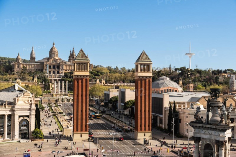 The Venetian Towers, Torres Venecianes or Venetian Towers, in the background the Museu Nacional d'Art de Catalunya, Barcelona, Spain, Europe