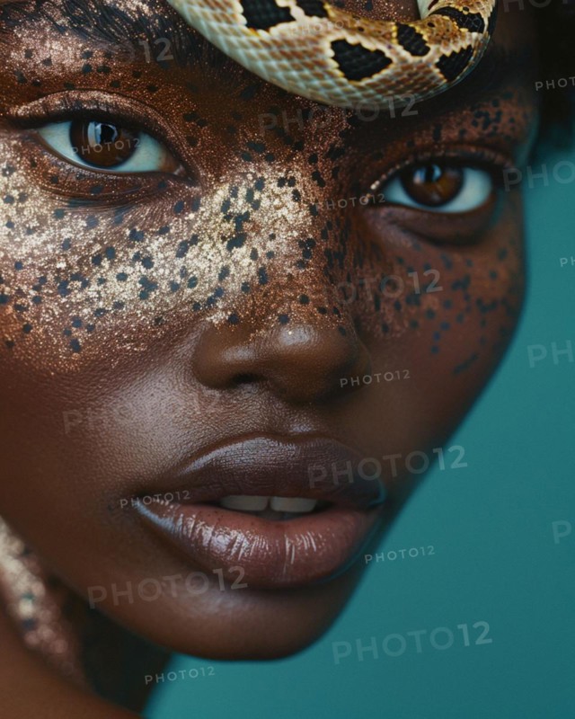 A striking portrait of a woman with golden makeup and a snake wrapped around her, blurry teal turquoise solid background, beauty product studio light, fashion artsy make up, high concept potraiture, AI generated