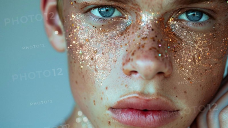 Close-up portrait of a blue eyed individual with glitter on skin and freckles, blurry teal turquoise solid background, beauty product studio lightning, fashion artsy make up, high concept potraiture, AI generated